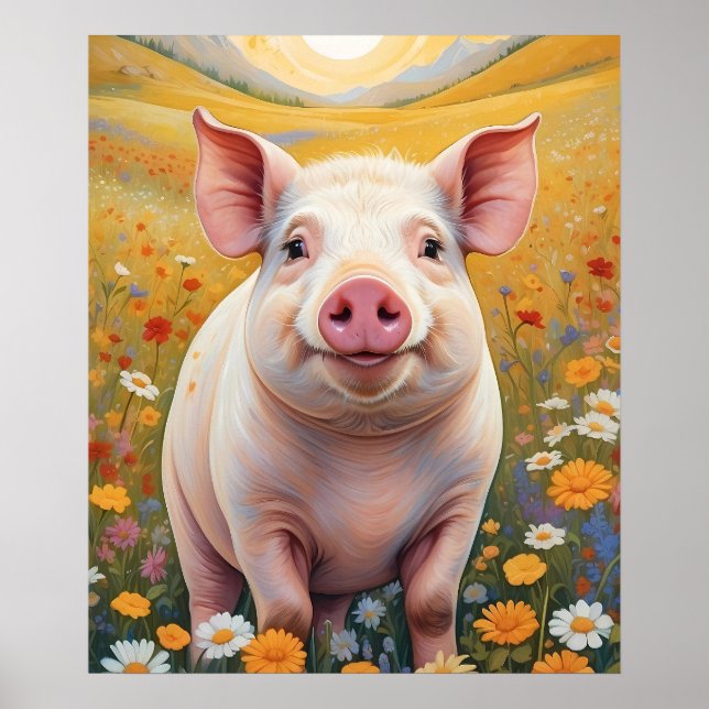 Happy Little Pig Sunny Daisy Field Poster (Front)