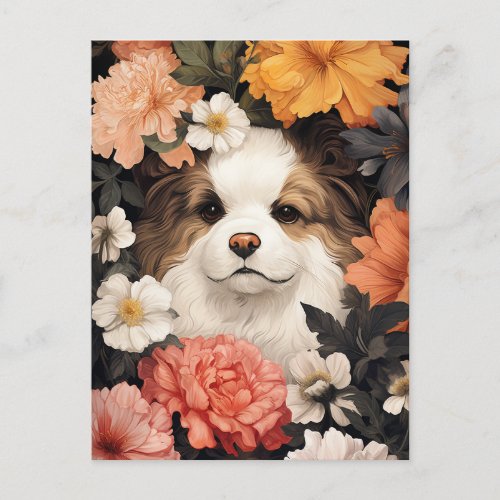 Happy little puppy amidst the flowers postcard