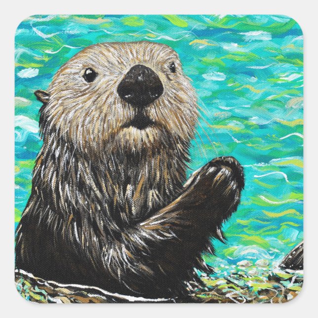 Happy Little Sea Otter Painting Square Sticker (Front)