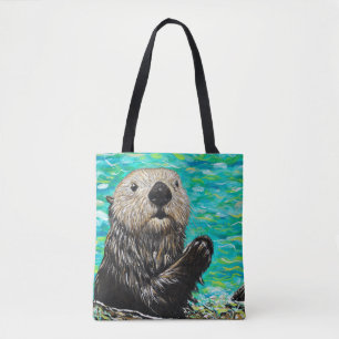 Happy Little Sea Otter Painting Tote Bag