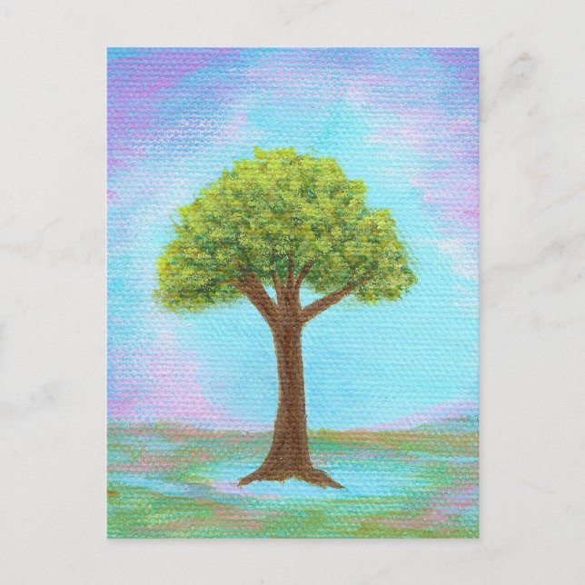 Happy Little Tree Whimsical Landscape Art Blue Postcard (Front)