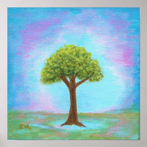 Happy Little Tree Whimsical Landscape Art Blue Poster