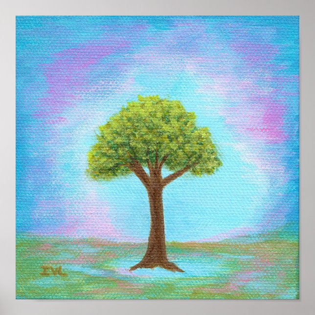 Happy Little Tree Whimsical Landscape Art Blue Poster (Front)