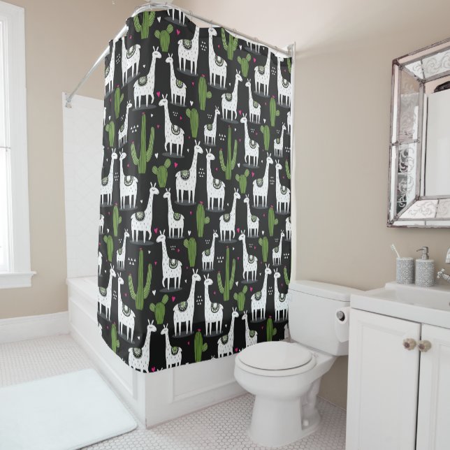 Happy Llama Pattern Shower Curtain (In Situ)