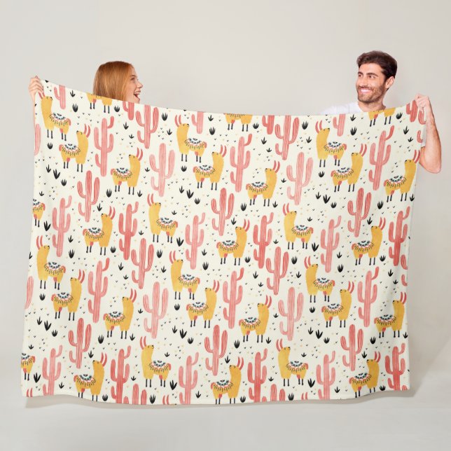 Happy llama with cactus fleece blanket (In Situ)