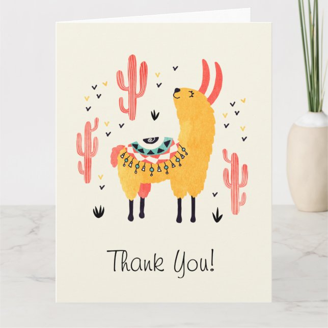 Happy llama with cactus letterpress thank you card (Front)