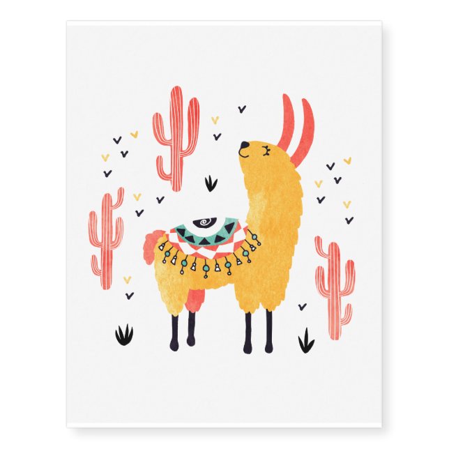 Happy llama with cactus temporary tattoos (Front)