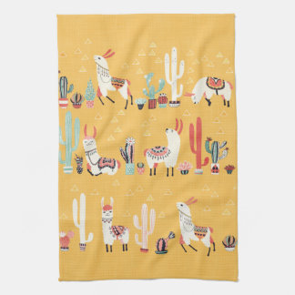 Happy Llama with Flowers and Cacti Watercolour Kitchen Towel
