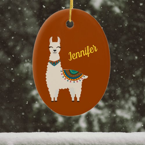 Happy Llama with Name on Red Ceramic Ornament