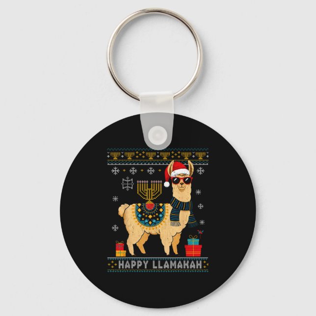 Happy Llamakah Funny Ugly Hanukkah Sweater Llama P Keychain (Front)