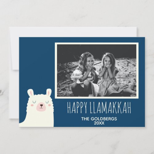 Happy Llamakkah Blue Hanukkah Llama Cute Photo Holiday Card