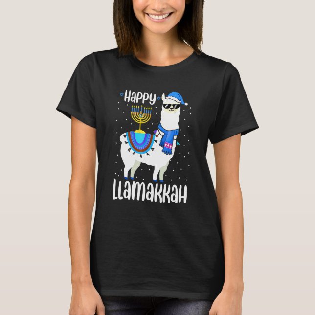 Happy Llamakkah Cute Jewish Llama Sunglasses Hanuk T-Shirt (Front)