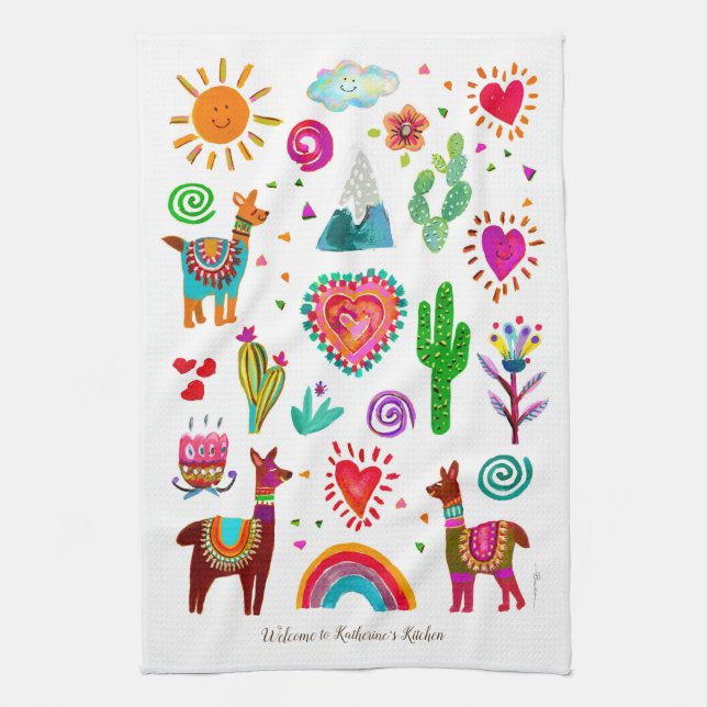 Happy Llamas & Hearts Customizable Kitchen Towels (Vertical)