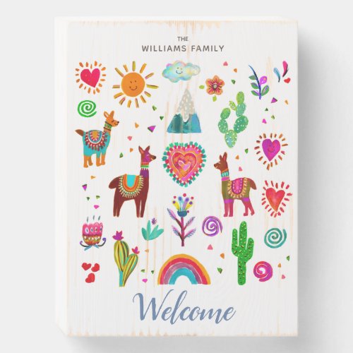 Happy Llamas  Hearts Welcome Wooden Box Sign