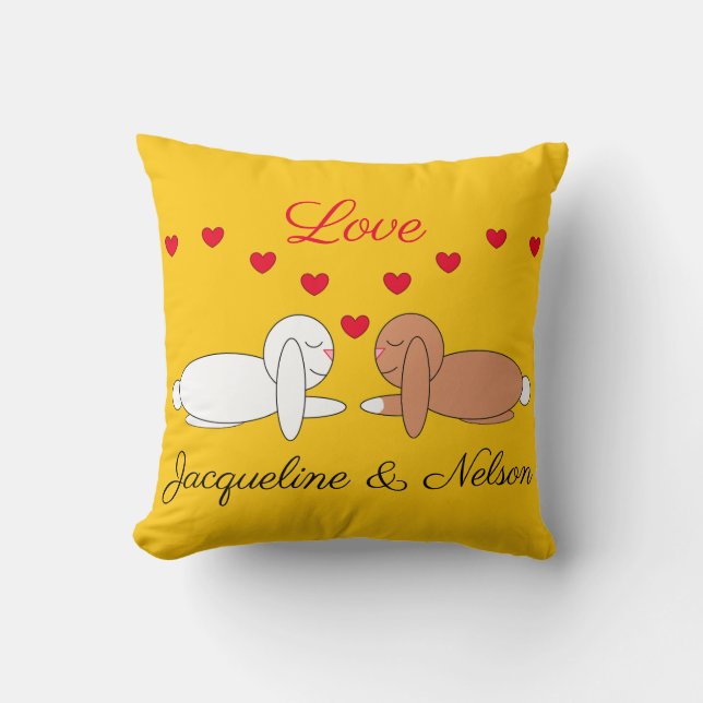 Happy, Loving Rabbits:  Yellow Throw Pillow (Front)