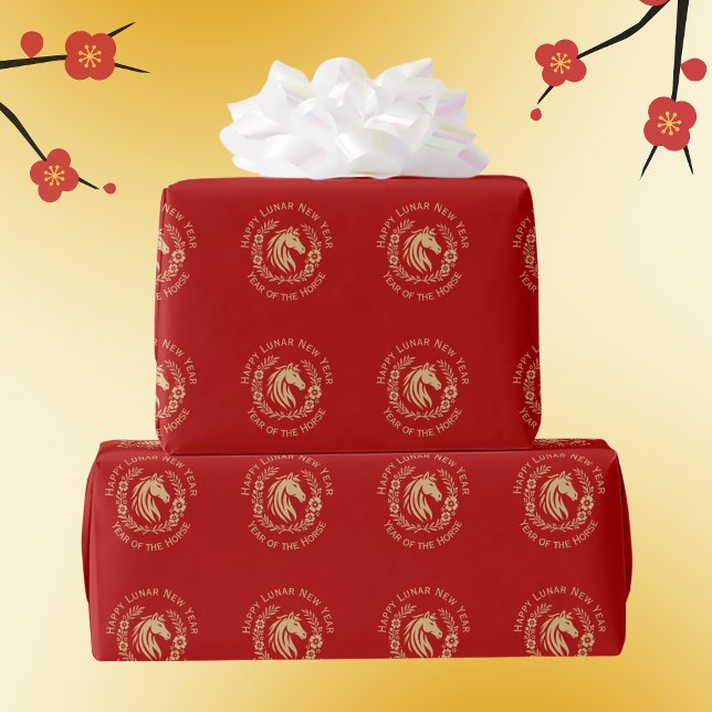 Happy Lunar New Year of the Horse Wreath Flowers Wrapping Paper (Creator Uploaded)