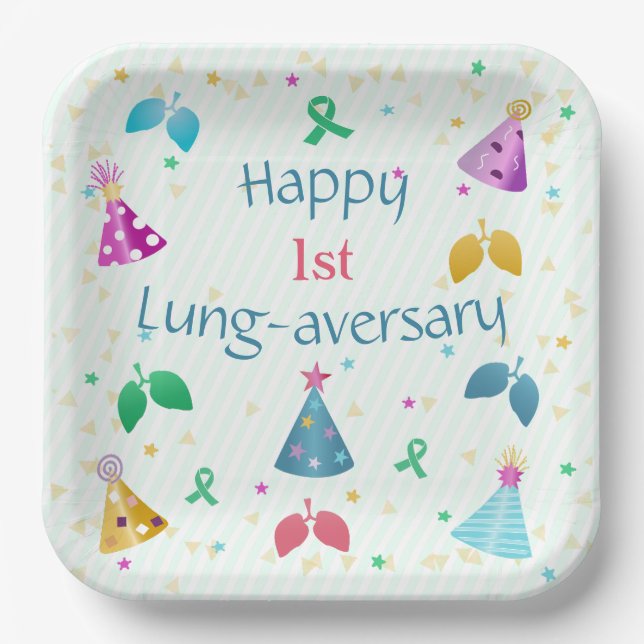 Happy Lung-aversary Green Stripe Party  Paper Plates (Front)