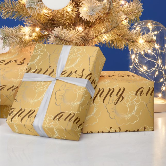 Happy Luxury Gold Floral 50th Anniversary Wrapping Paper (Holidays)