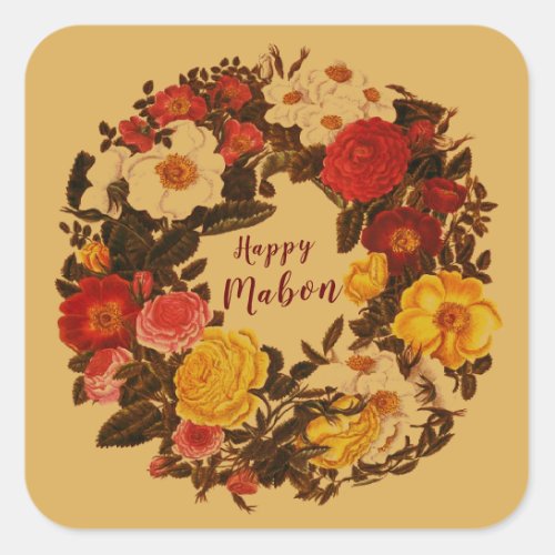  Happy Mabon Autumn Equinox Wreath on Fall Gold Square Sticker