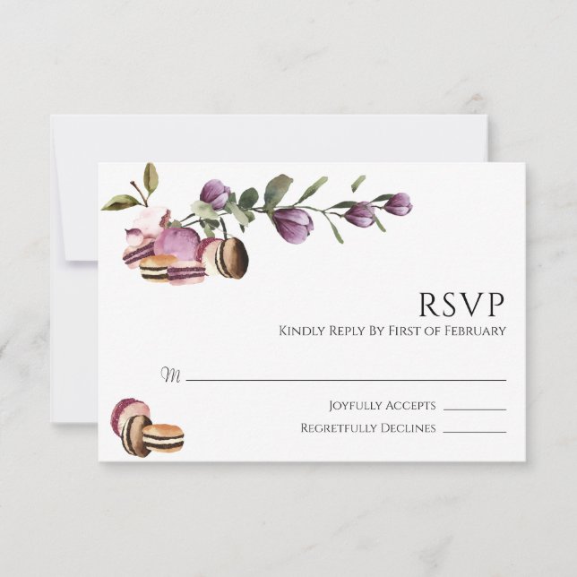 Happy Macaron | Elegant Violet Floral Modern RSVP Card (Front)