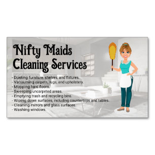 Happy Maid with Feather Duster   Clean Living Room Business Card Magnet