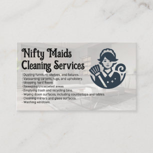 Happy Maid with Feather Duster   Cleaning Services Business Card