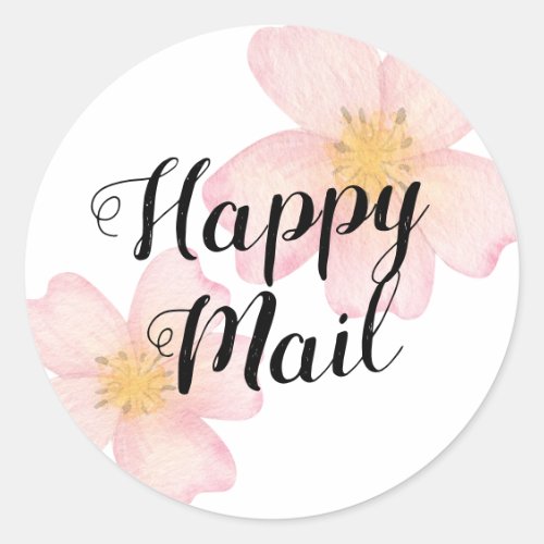 Happy Mail Pink Floral Watercolor Classic Round Sticker