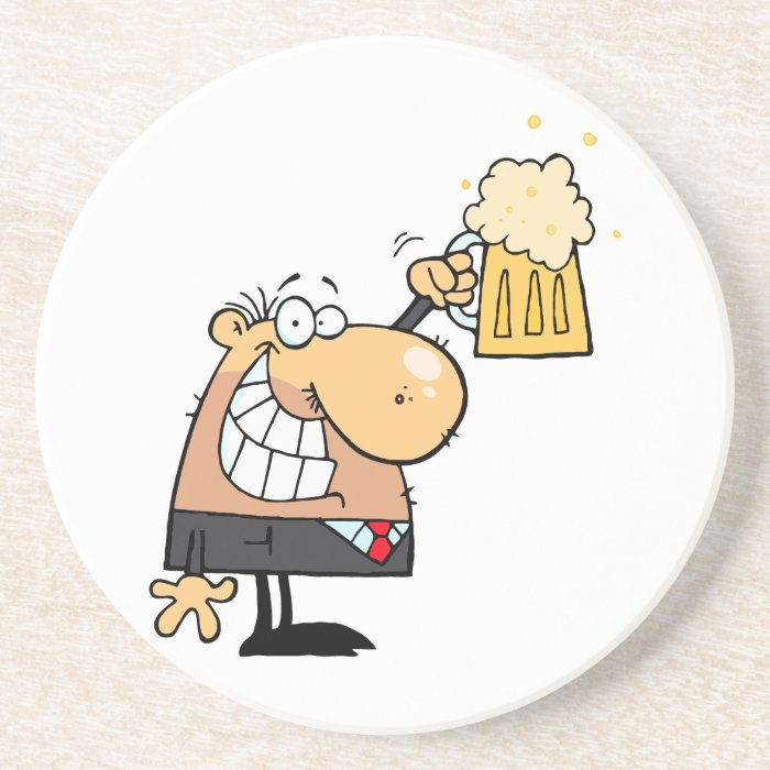 happy man cartoon celebrating with beer coaster