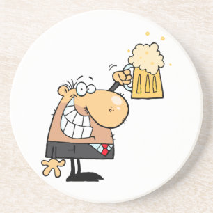 happy man cartoon celebrating with beer drink coaster