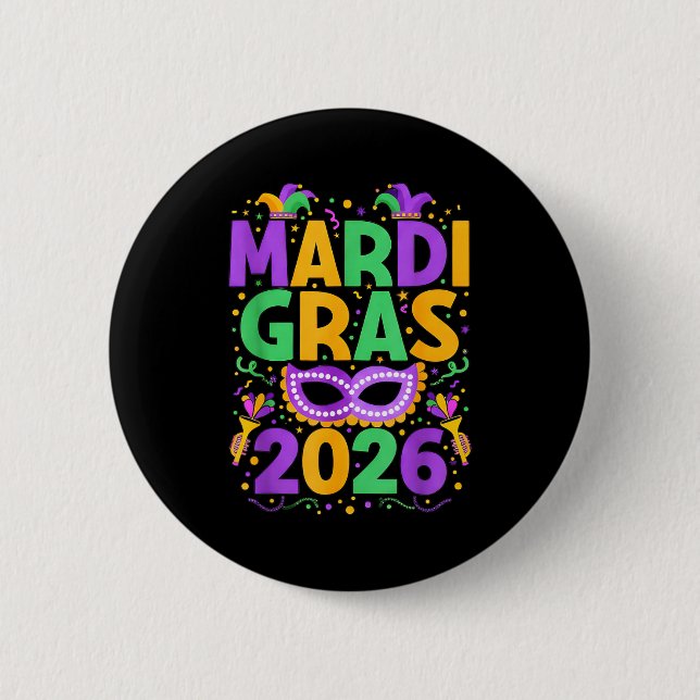 Happy Mardi Gras 2026 Costume New Orleans Matching Button (Front)