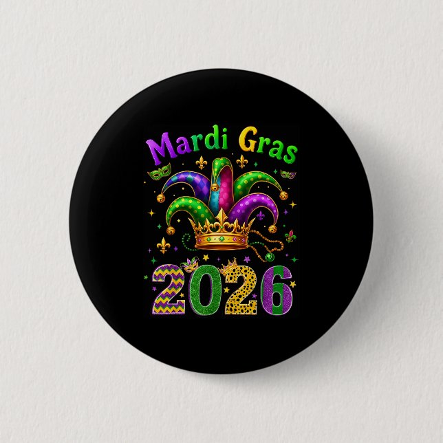 Happy Mardi Gras 2026 Jester Hat Men Women Kid Car Button (Front)