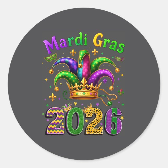 Happy Mardi Gras 2026 Jester Hat Men Women Kid Car Classic Round Sticker (Front)