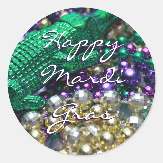 Happy Mardi Gras Alligator Custom Round Stickers (Front)