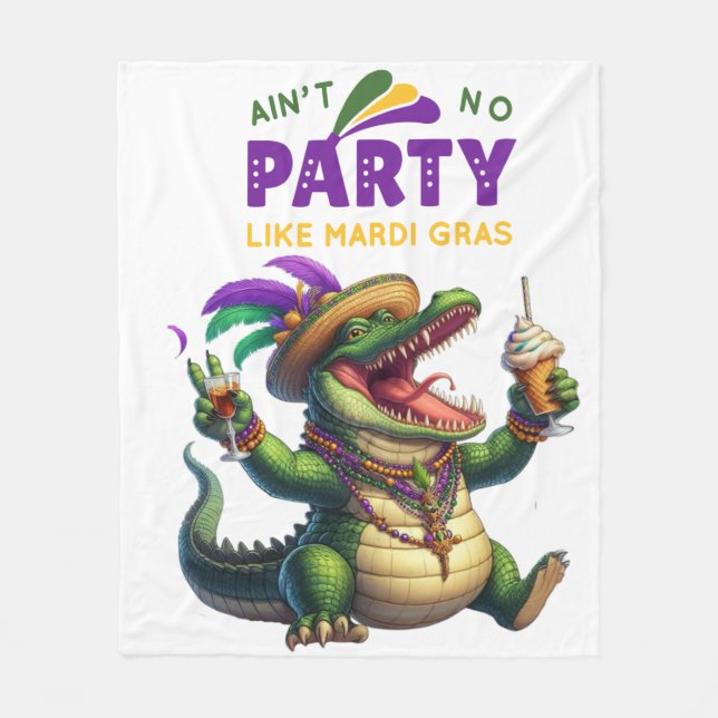 Happy Mardi Gras Alligator Fleece Blanket (Front)