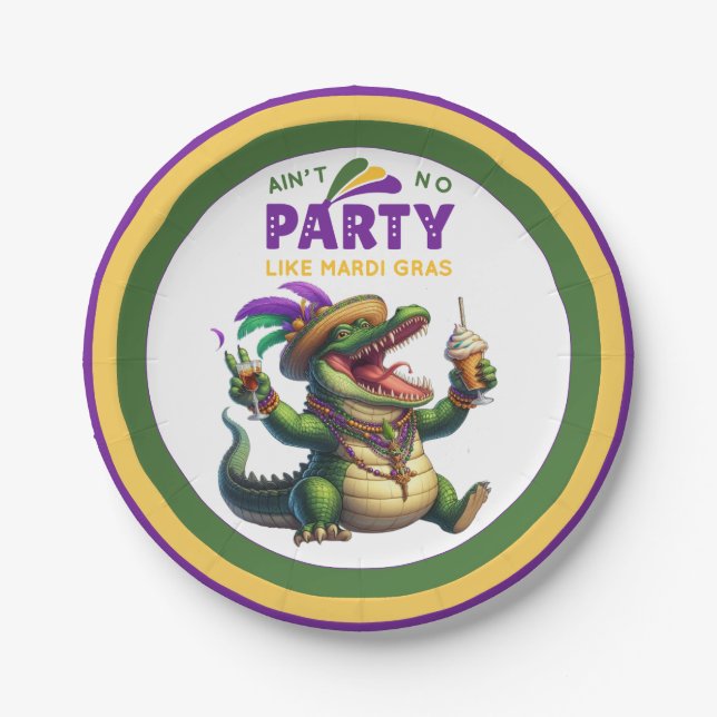 Happy Mardi Gras Alligator Paper Plates (Front)