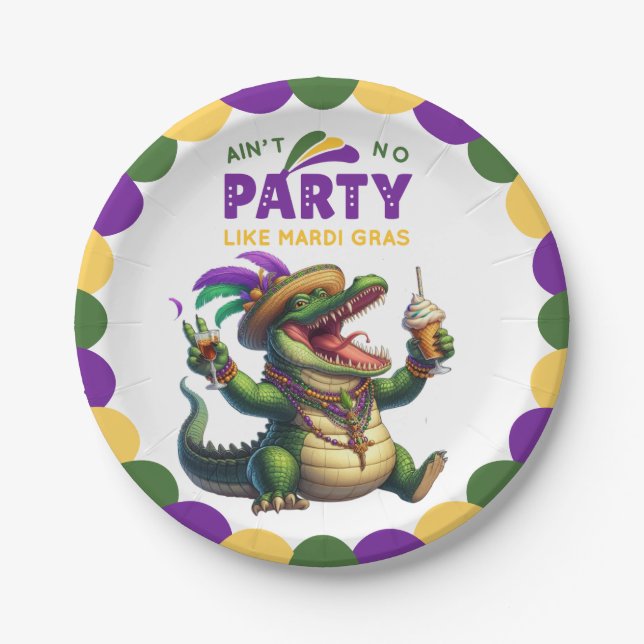 Happy Mardi Gras Alligator Paper Plates (Front)