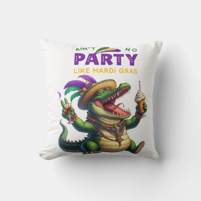 Happy Mardi Gras Alligator Throw Pillow (Front)