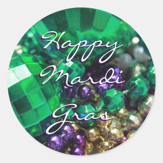 Happy Mardi Gras Bead Throws Custom Round Stickers (Front)