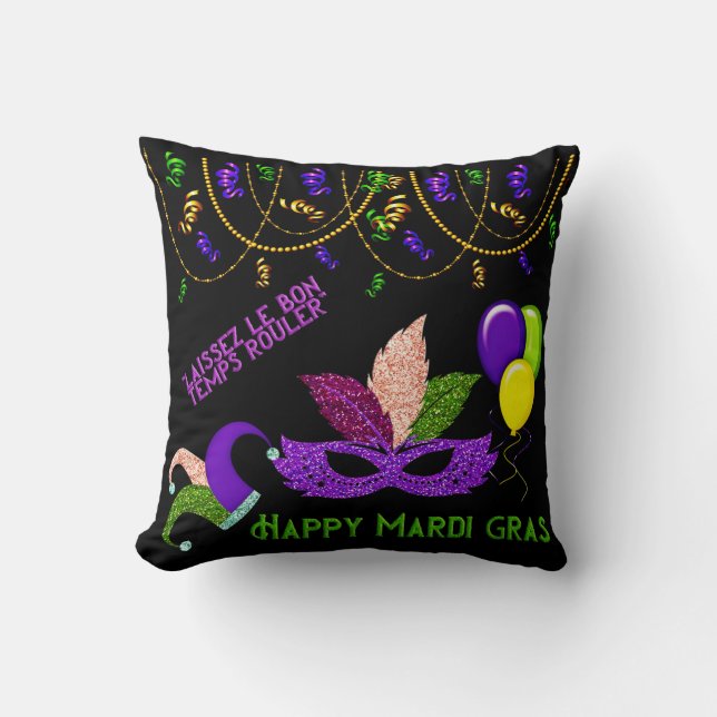 Happy Mardi Gras Beads Mask Celebration Throw Pillow (Front)