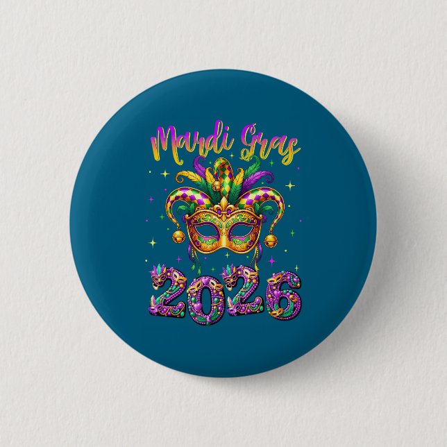 Happy Mardi Gras Carnival 2026 Jester Hat Men Wome Button (Front)