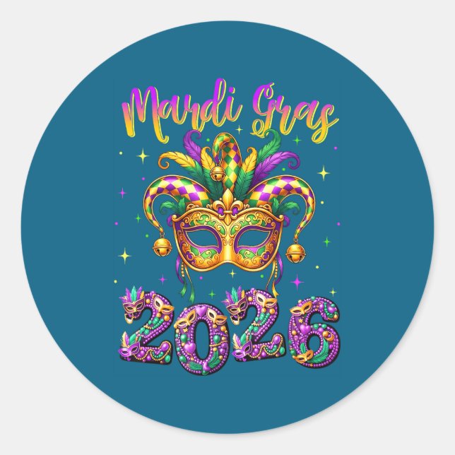 Happy Mardi Gras Carnival 2026 Jester Hat Men Wome Classic Round Sticker (Front)