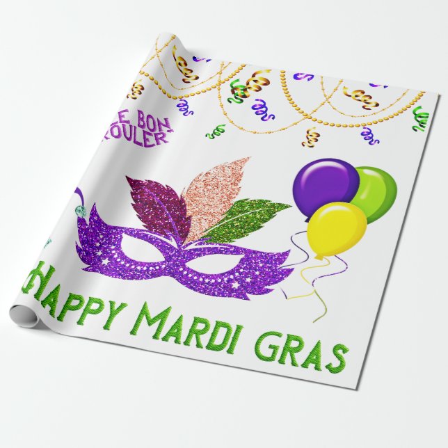 Happy Mardi Gras Celebration Beads Mask Wrapping Paper (Unrolled)