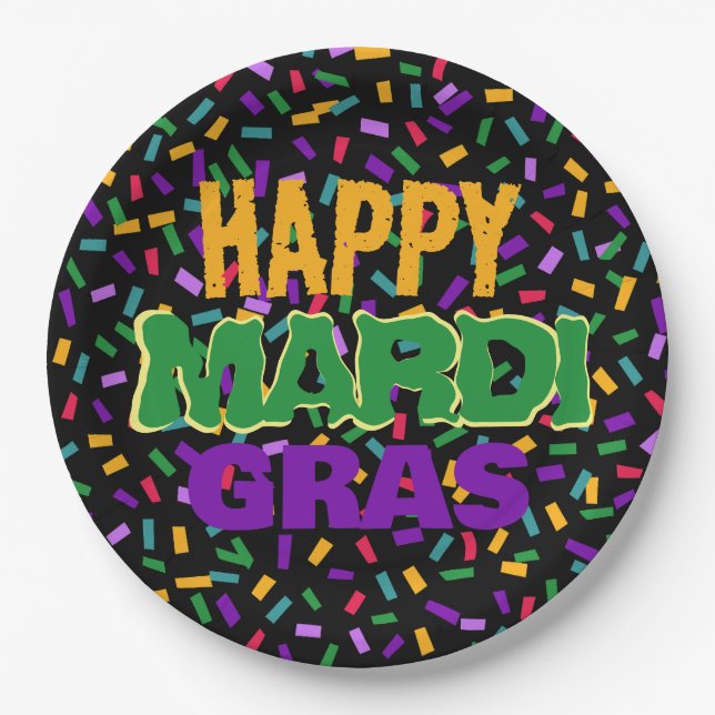 happy mardi gras confetty  black paper plates (Front)