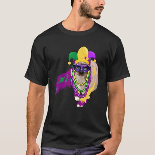 Happy Mardi Gras Cute Cat Wearing Beads Jester Hat T_Shirt