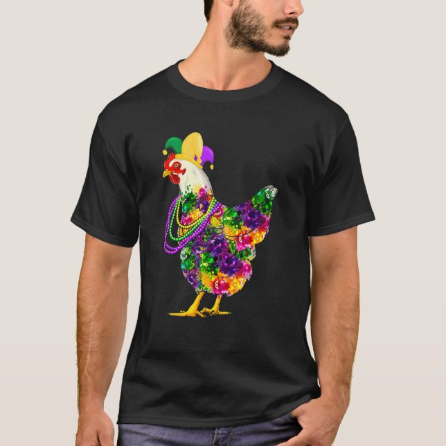 Happy Mardi Gras Cute Chicken Wearing Beads Jester T-Shirt (Front)