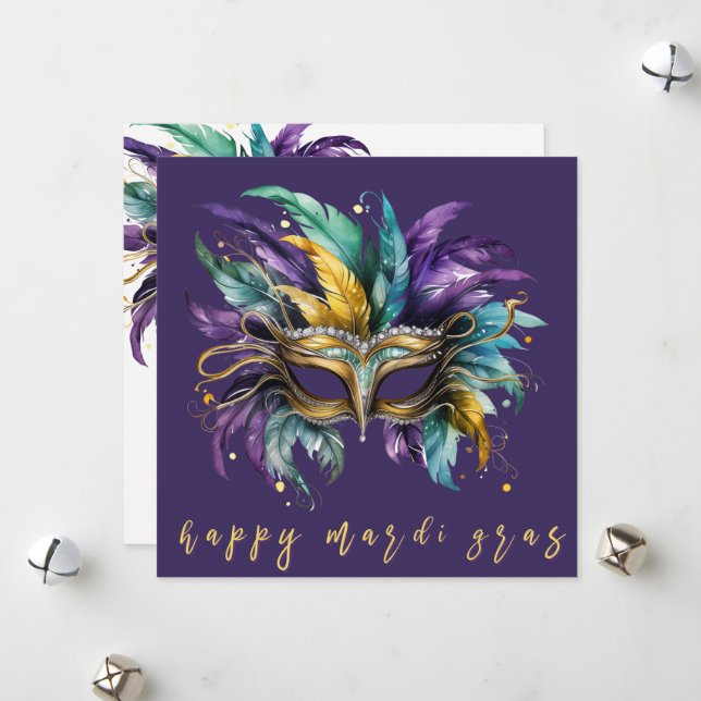 Happy Mardi Gras Feathered Mask  Holiday Card (Front/Back In Situ)