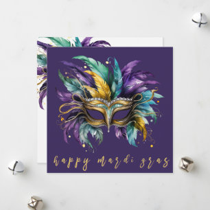 Happy Mardi Gras Feathered Mask Holiday Card