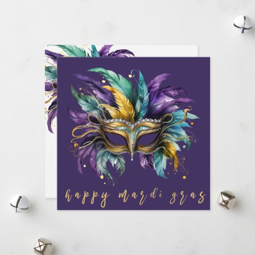 Happy Mardi Gras Feathered Mask  Holiday Card