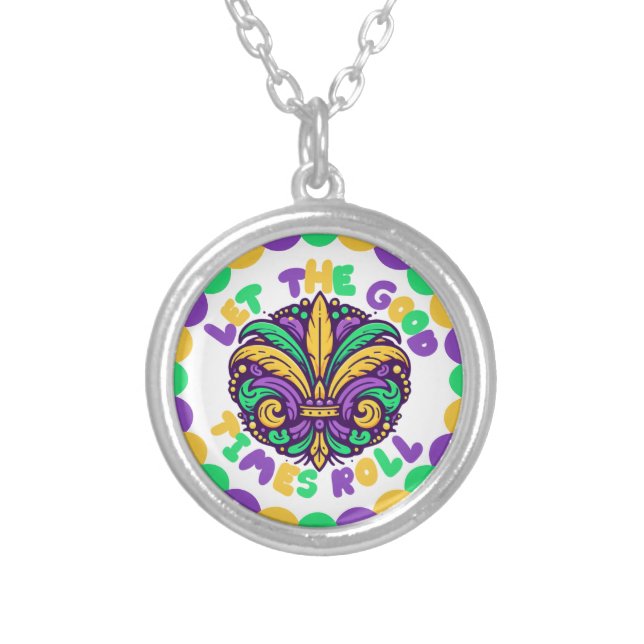 Happy Mardi Gras  fleur-de-lis  Silver Plated Necklace (Front)