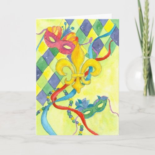 Happy Mardi Gras Fleur De Lis Watercolor Card